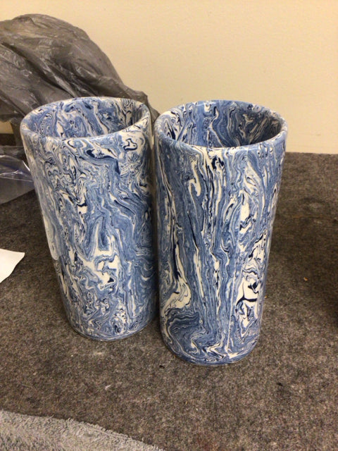 8" Pair Of Blue/White Swirl Cylinder Ceramic Vases
