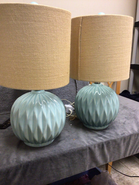 Pair Of Green Ceramic Ribbed Table Lamps W/Shades