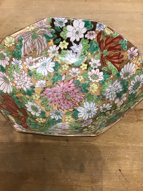 9" Octgon Asian Floral Porcelain Bowl