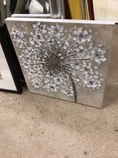 23 1/2" Square Floral Grey & White Textured Print On Canvas