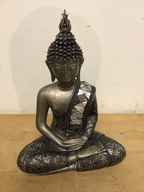 13.5" Silver Black Mirrored Mosaic Buddha Statue