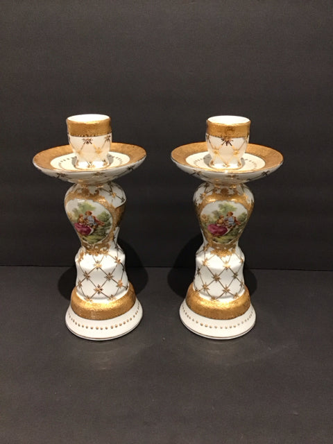 11" Pair Limoge White Porcelain Candle Sticks