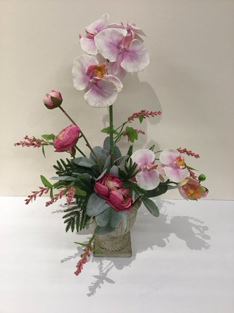 White Orchids Ranunculus in Resin Vase