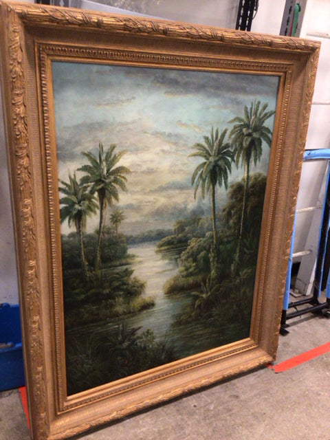 59" X 45 1/2" Gold Framed Large Palm Tree Oil Painting On Canvas