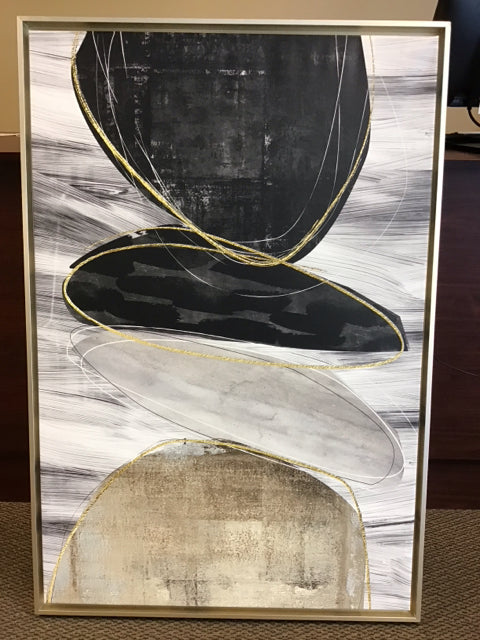 50"x34" Gray Beige Black & Gold Abstract Art