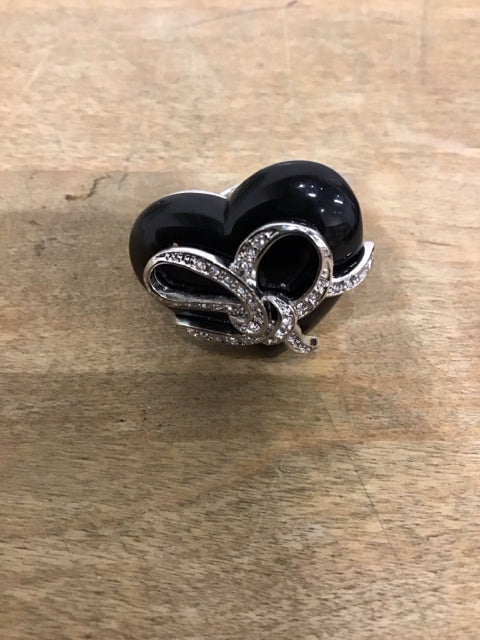 Silvertone Black Stone Heart W/Rhinestones Ring