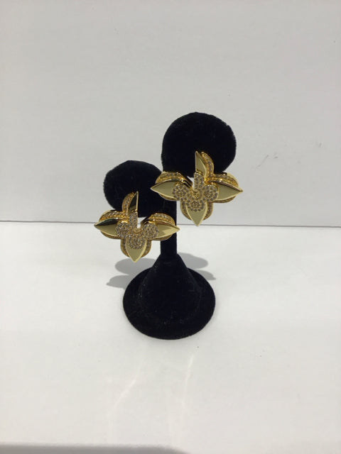 LV Style Gold Flower Earrings w/Rhinestones