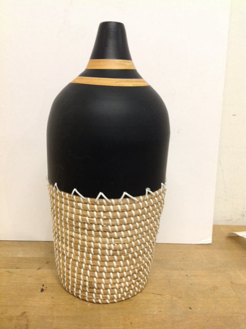 18" Black Ceramic Vase w/Basket Base