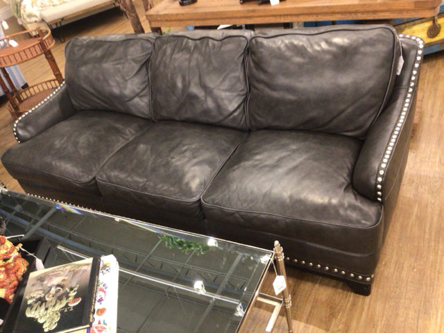 AS-IS Grey Leather Slope Arm Sofa W/Silver Nailheads(Light Wear)