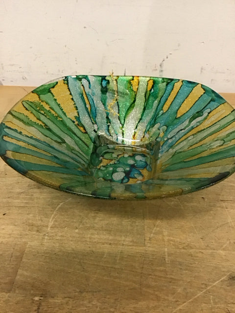 8" Il Quadrifoglio Green Yellow Aqua Metallic Glass Bowl