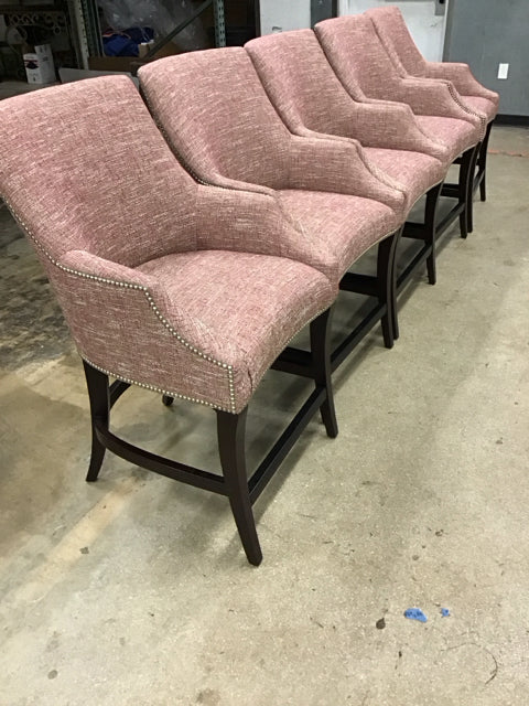 Set Of 5 Robb & Stucky Pink High Back Tweed Nailhead Counter Stools