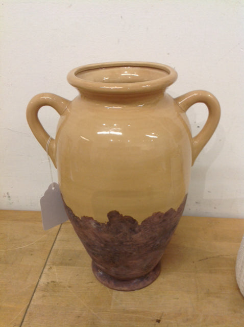 Vase- 13" Tan & Brown Ceramic Urn