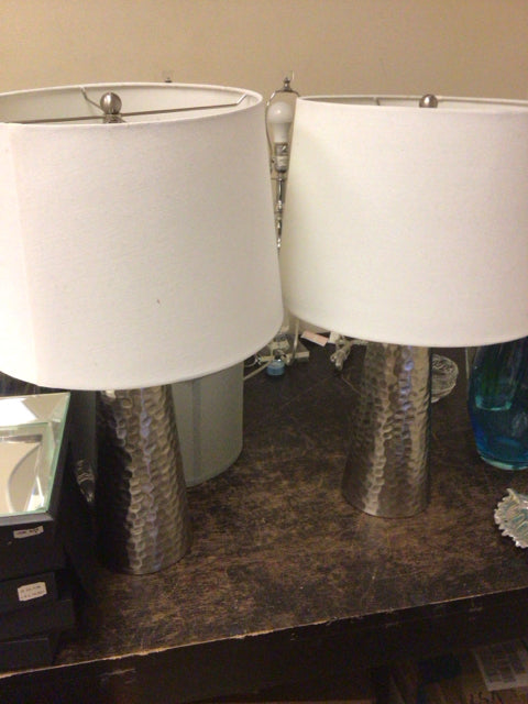 Pair Of Silver Hammered Table Lamps W/Shades