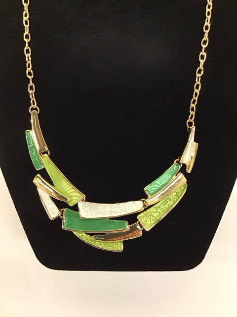 Gold Tone Necklace w/Green Enameled Geometric Bars
