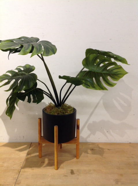 24" Artificial Plant w/Ceramic Bowl & Wood Stand