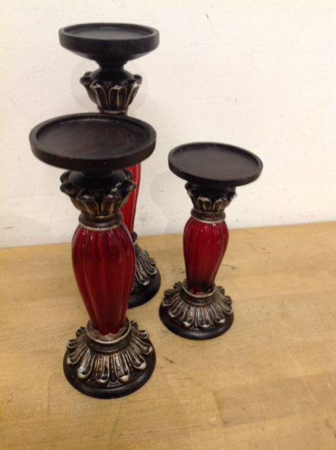 Candle Holders - Set Of 3 Red Glass Pilars