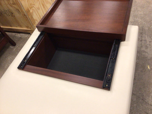 Cream Vinyl Wood Base Storage Ottoman W/Tray