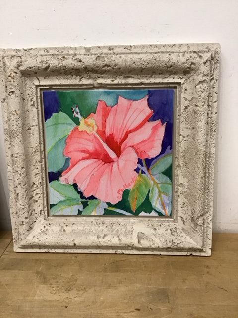 19.5"Sq Framed Tropical Flower Tile Art