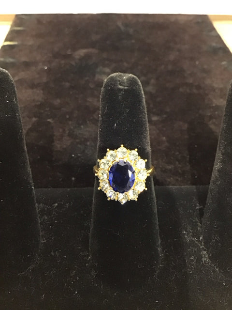 Gold Ring W/Blue Crystal & Rhinestones