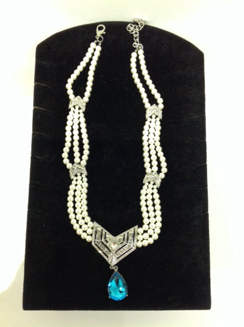 Faux Pearl Necklace w/Rhinestones Blue Bead Pendant