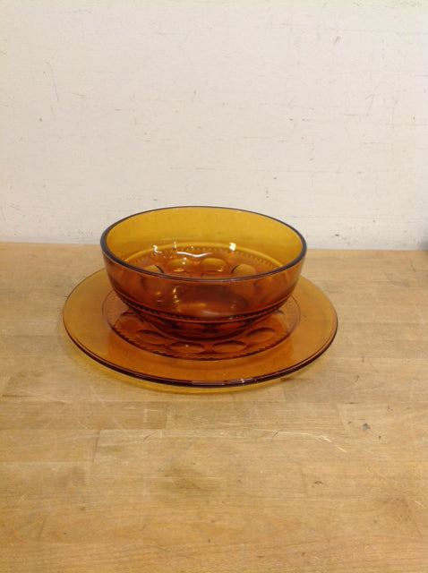 Amber Color Cut Glass Bowl & Platter