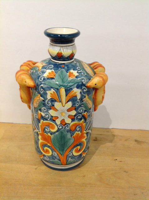 12" Painted White Ceramic Vase w/Flowers