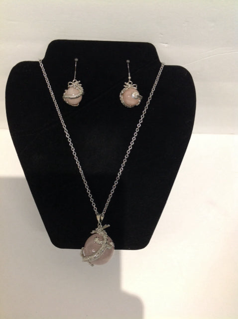 Silver Pink Quartz Necklace w/Earrings