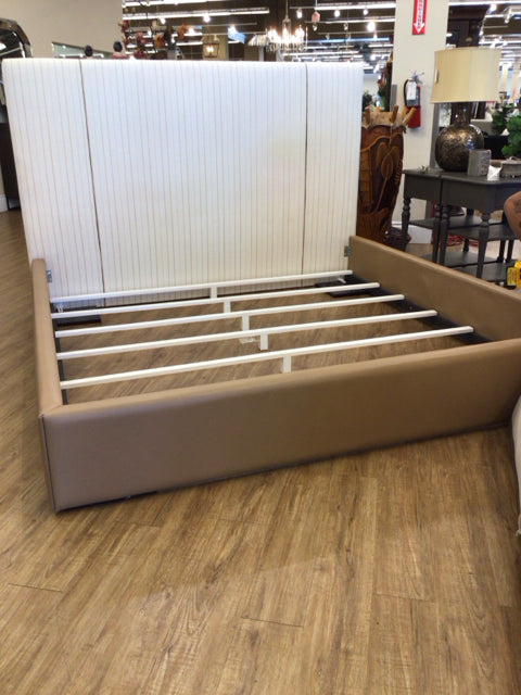 White Fabric & Brown Vinyl King Bed