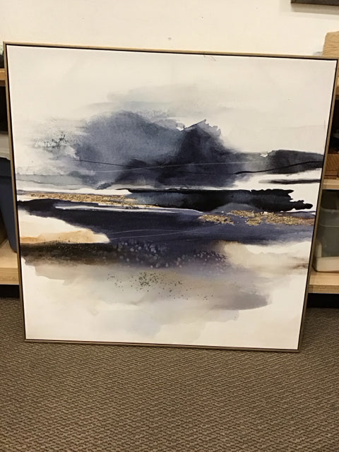 39"Sq Gold/White Blue Mixed Media Abstract