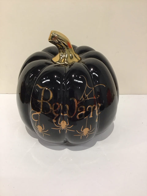 Black Ceramic "Beware" Pumpkin w/Stem