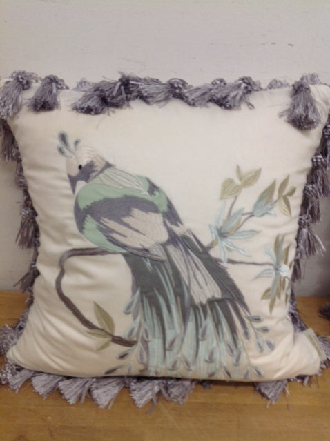 Pillow- 18" White Tropical Bird W Tassels