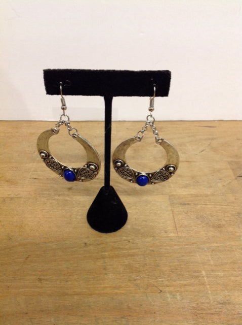 Silver Hoop Dangle Earrings w/Blue Bead