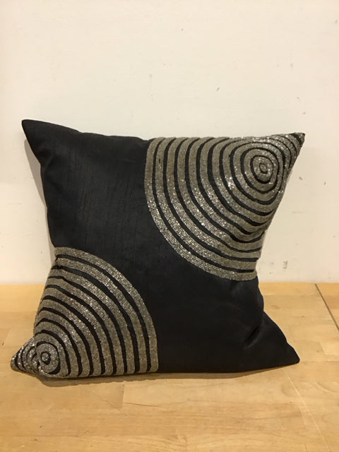 18" Black W/Circular Silver Sequin Down Filled Pillow