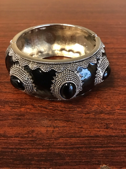Boho Silvertone Black Enamel W/Black Stones Cuff Bracelet