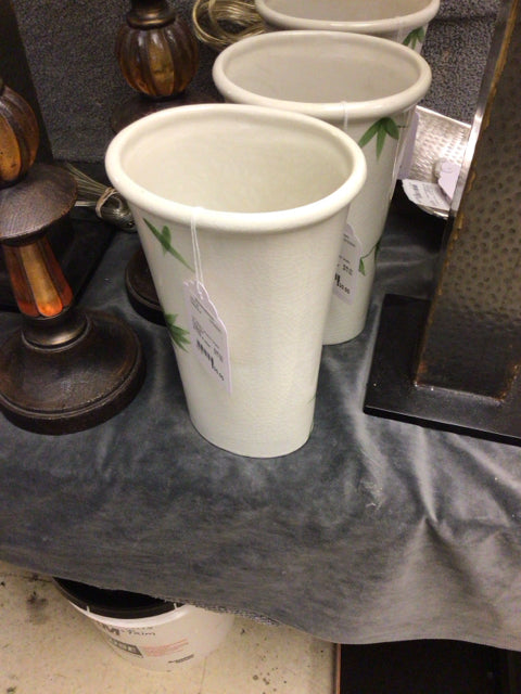 10" White Ceramic Green Floral Vase