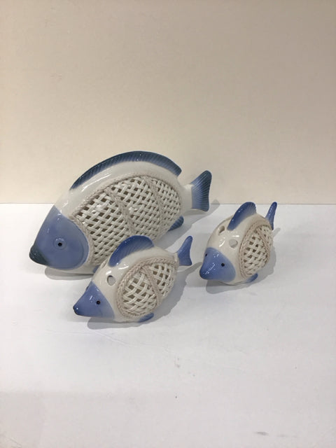Set/3 Blue/White Ceramic Reticulated Fish