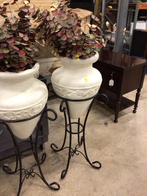 41 1/2" Cream Ceramic Urn On Metal Stand W/Faux Floral