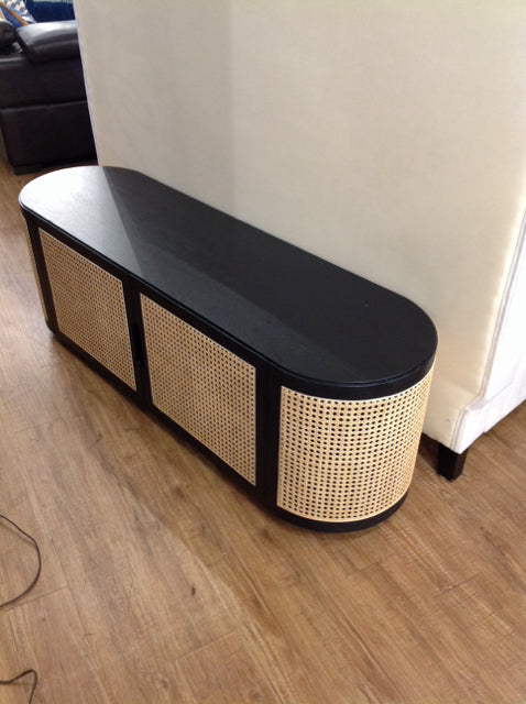 Brown Wood Media Console w/Rattan Woven Doors