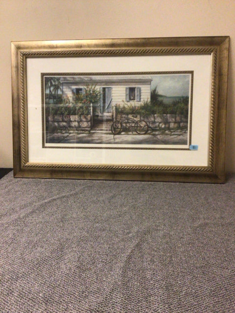 22 7/8" X 35" Gold Framed Bimini Beach House & Bicycle Print