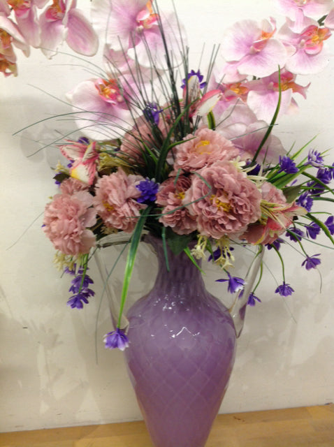 18" Purple Glass Vase W Mixed Florals