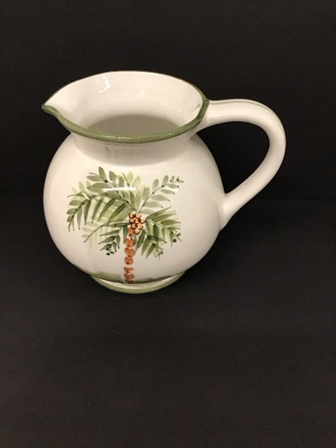 8" White Ceramic Pitcher w/Painted Palm Tree