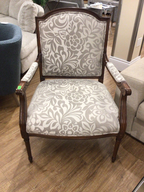 Grey & White Fabric Wood Arm Chair