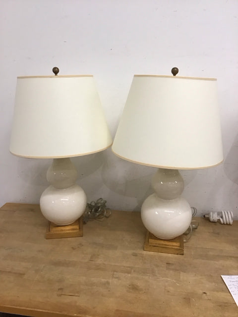 27" Pair Of Visual Comfort Cream Glass Lamp W/Gold Base