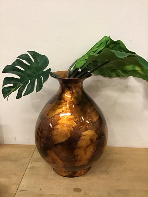 18" Gold/Bronze Foiled Ceramic Vase W/Faux Tropical Leaves