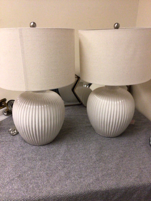 Pair Of White Ribbed Ceramic Table Lamps W/Shades