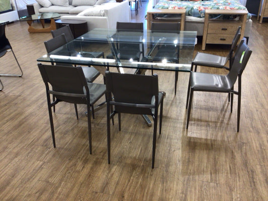 Set Of 8 Grey Vinyl & Metal Stackable Dining Chairs