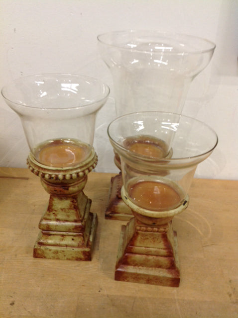 Candle Holders Set Of 3 Aged Resin & Glass