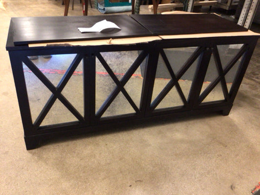 AS-IS Mirrored Front Four Door Dark Wood Credenza(Top Has Mark)