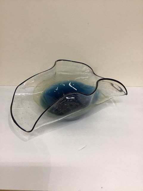16" Abstract Cobalt to Clear Glass Bowl