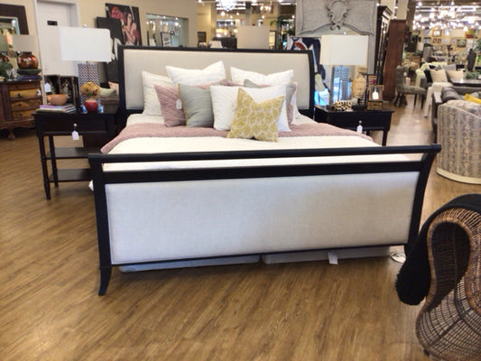 AS-IS Arhaus Pearson Ebony Wood Fabric Panel King Bed(No Center Supports)